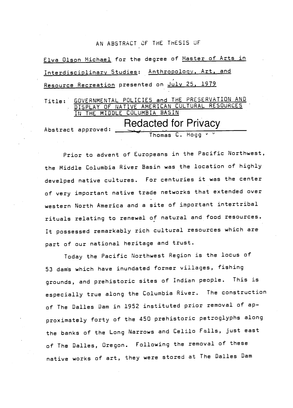 GOVERNMENTAL POLICIES and the PRESERVATION and DISPLAY of NATIVE AMERICAN CULTURAL RESOURCES in the MIDDLE COLUMBIA BASIN