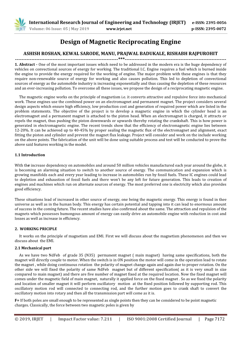 Design of Magnetic Reciprocating Engine