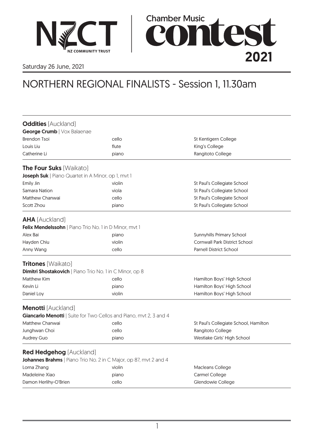 NORTHERN REGIONAL FINALISTS - Session 1, 11.30Am