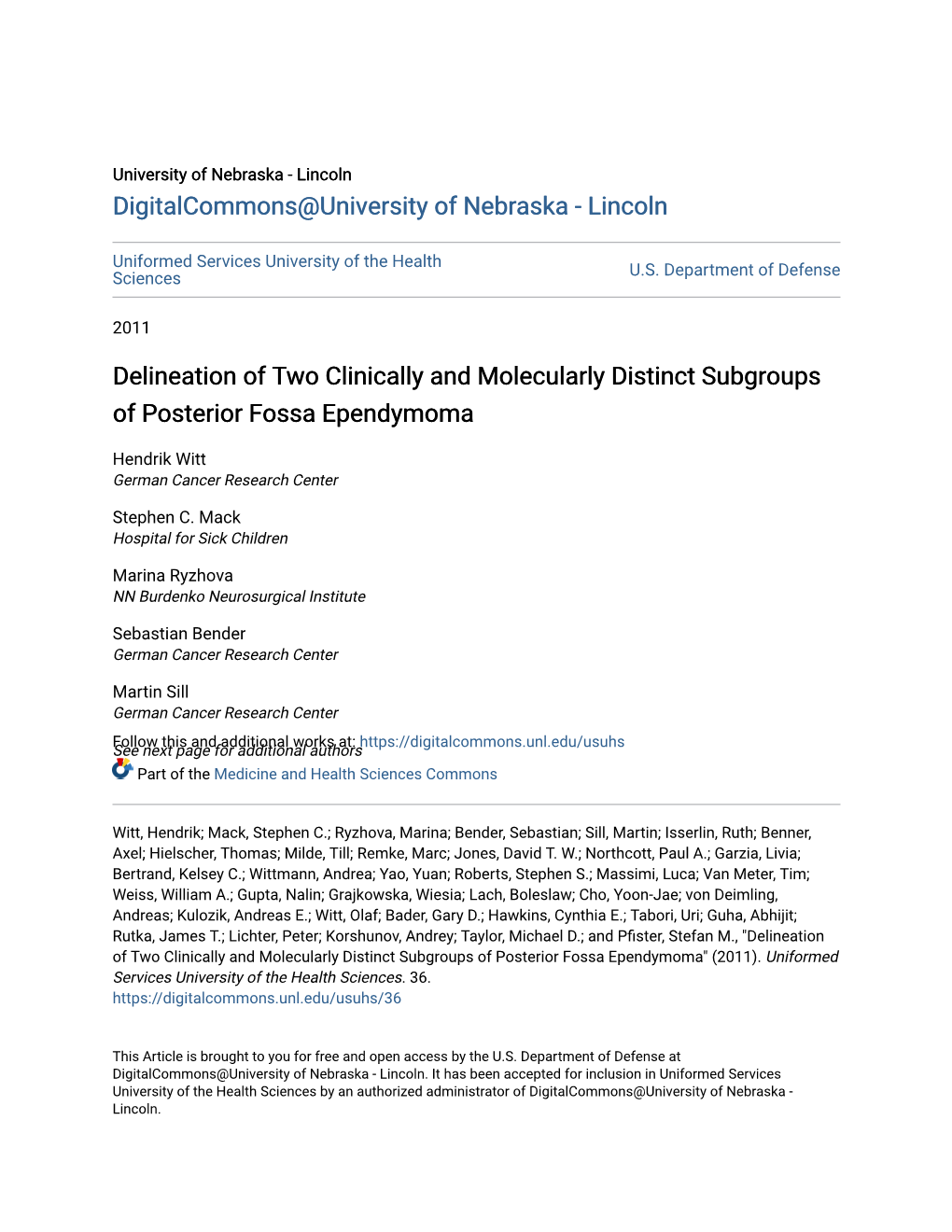 Delineation of Two Clinically and Molecularly Distinct Subgroups of Posterior Fossa Ependymoma