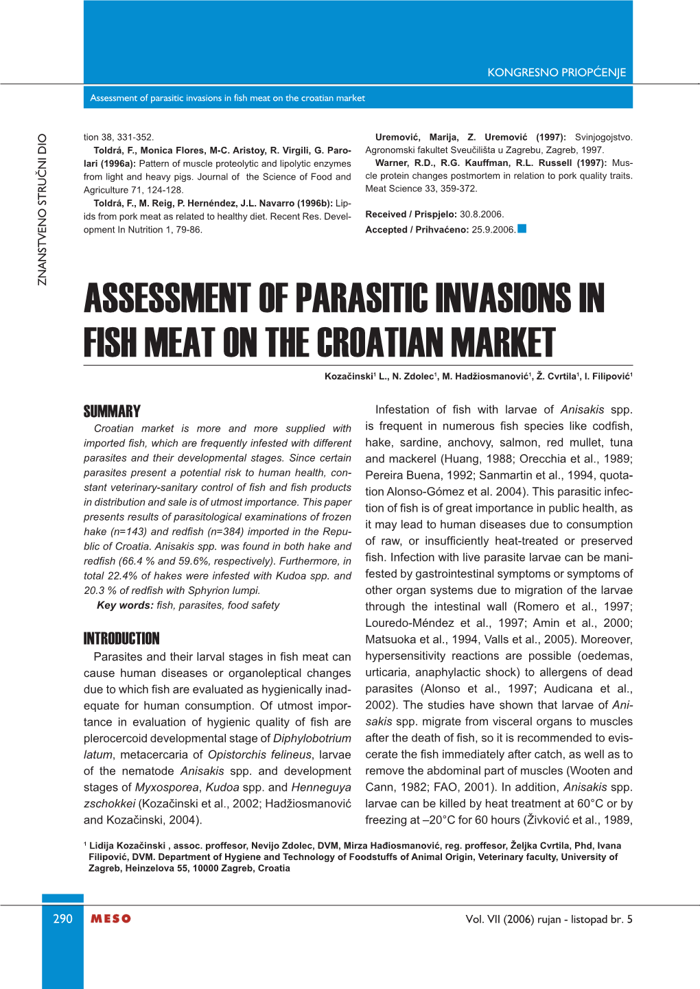 Assessment of Parasitic Invasions in Fish Meat on the Croatian Market