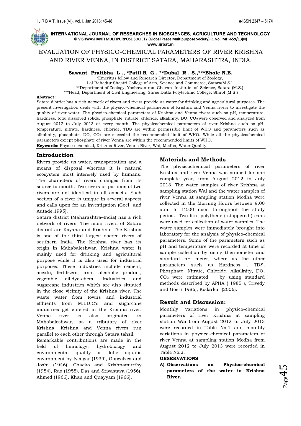 Evaluation of Physico-Chemical Parameters of River Krishna and River Venna, in District Satara, Maharashtra, India