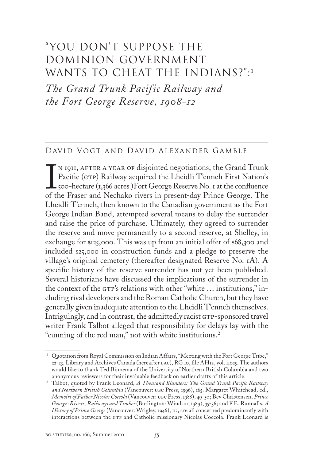 The Grand Trunk Pacific Railway and the Fort George Reserve, 1908-12