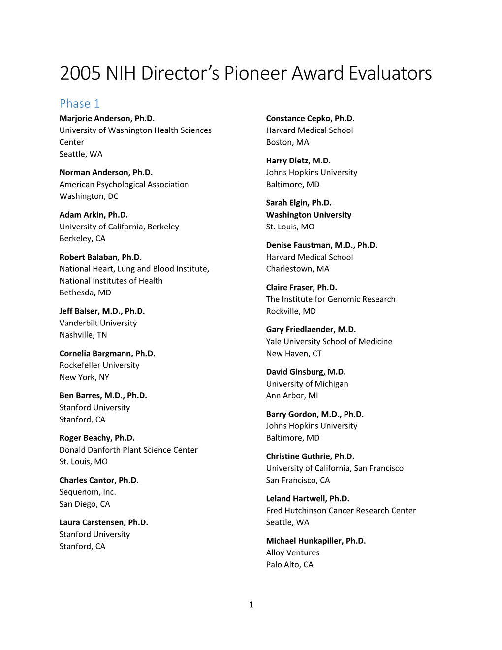 2005 NIH Director's Pioneer Award Evaluators