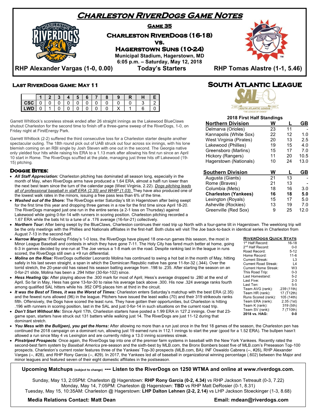 Charleston Riverdogs Game Notes