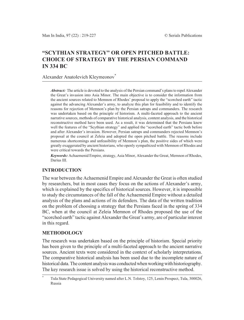 Or Open Pitched Battle: Choice of Strategy by the Persian Command in 334 Bc