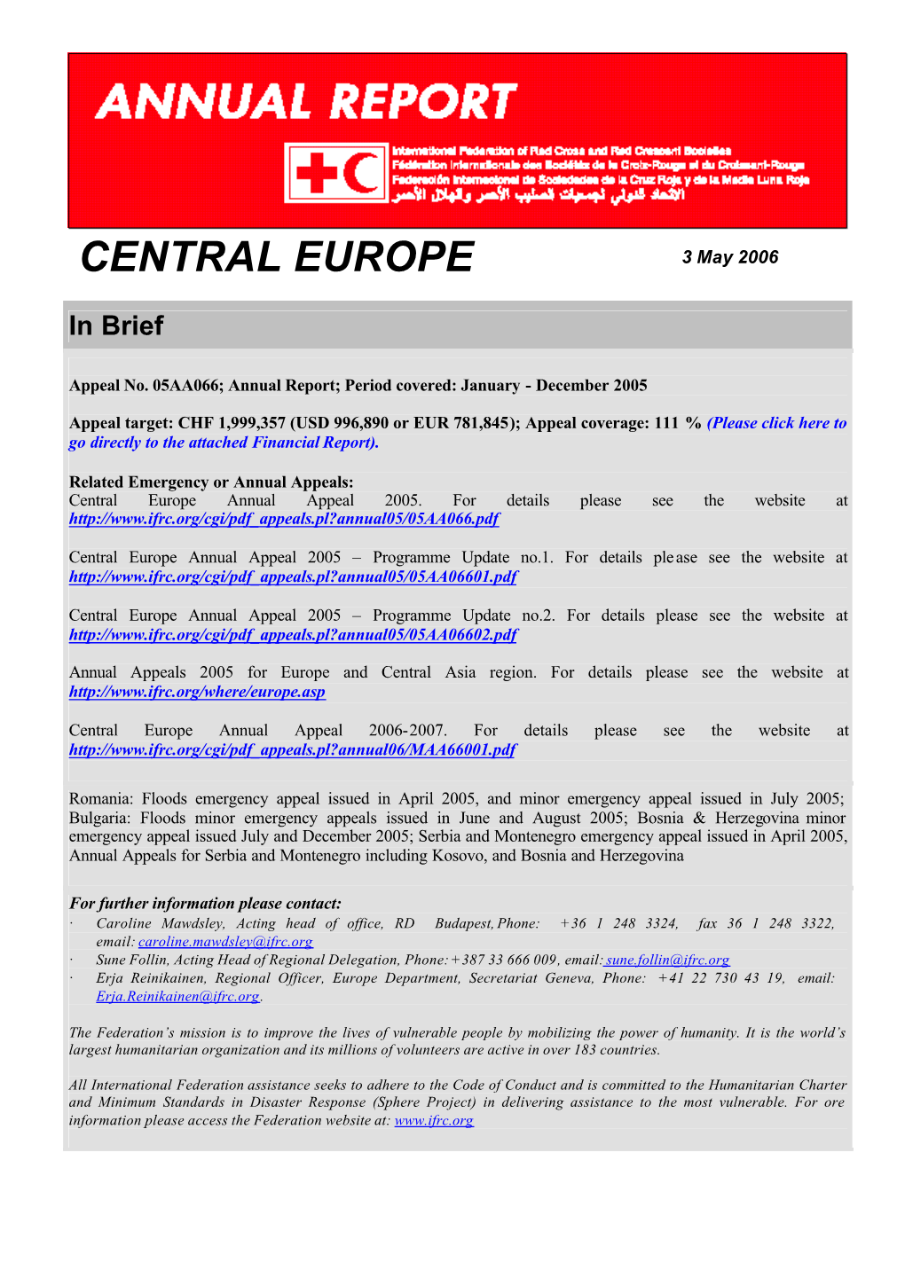 IFRC-Central Europe Annual Appeal 2005 (Appeal No.05AA066