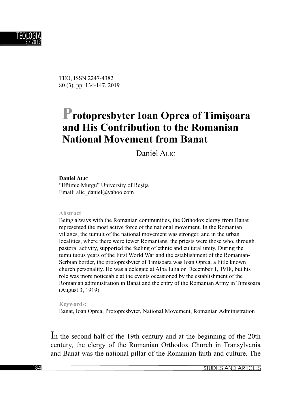 Protopresbyter Ioan Oprea of Timişoara and His Contribution to the Romanian National Movement from Banat