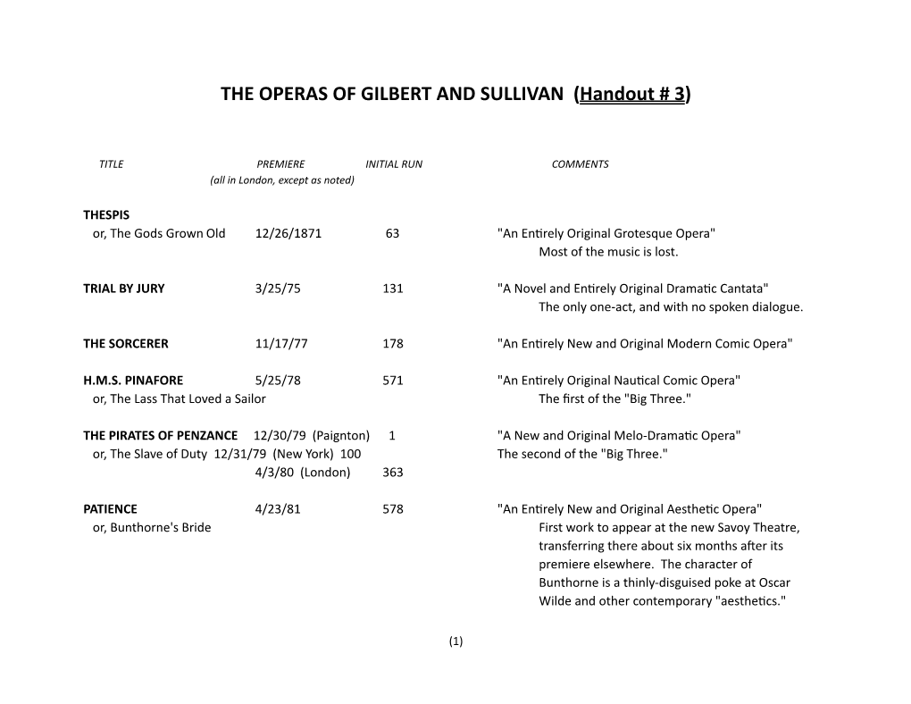 THE OPERAS of GILBERT and SULLIVAN (Handout # 3)