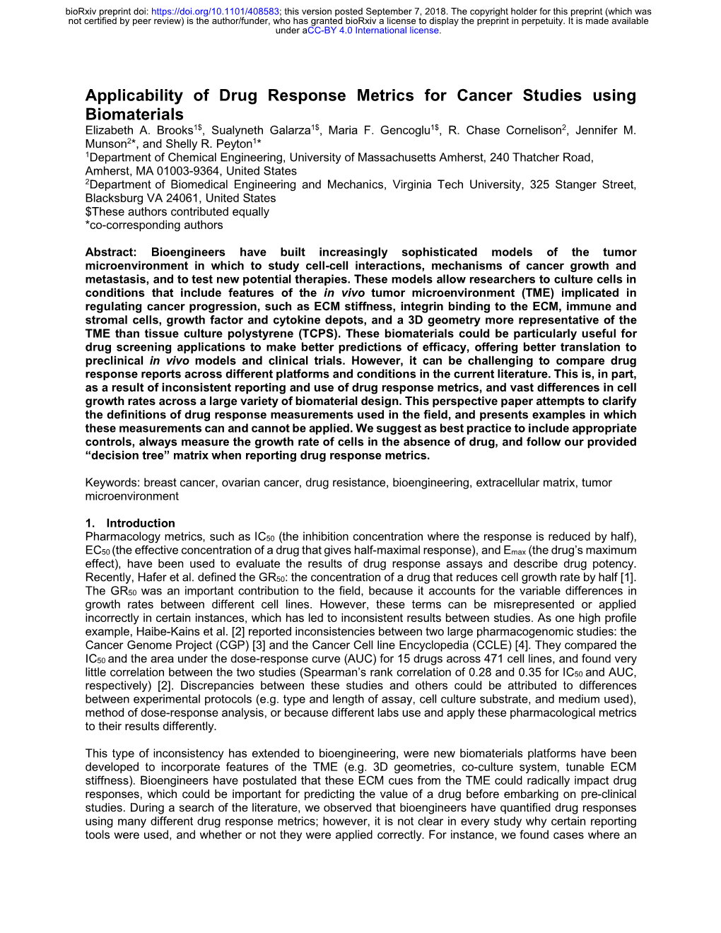 Applicability of Drug Response Metrics for Cancer Studies Using Biomaterials Elizabeth A