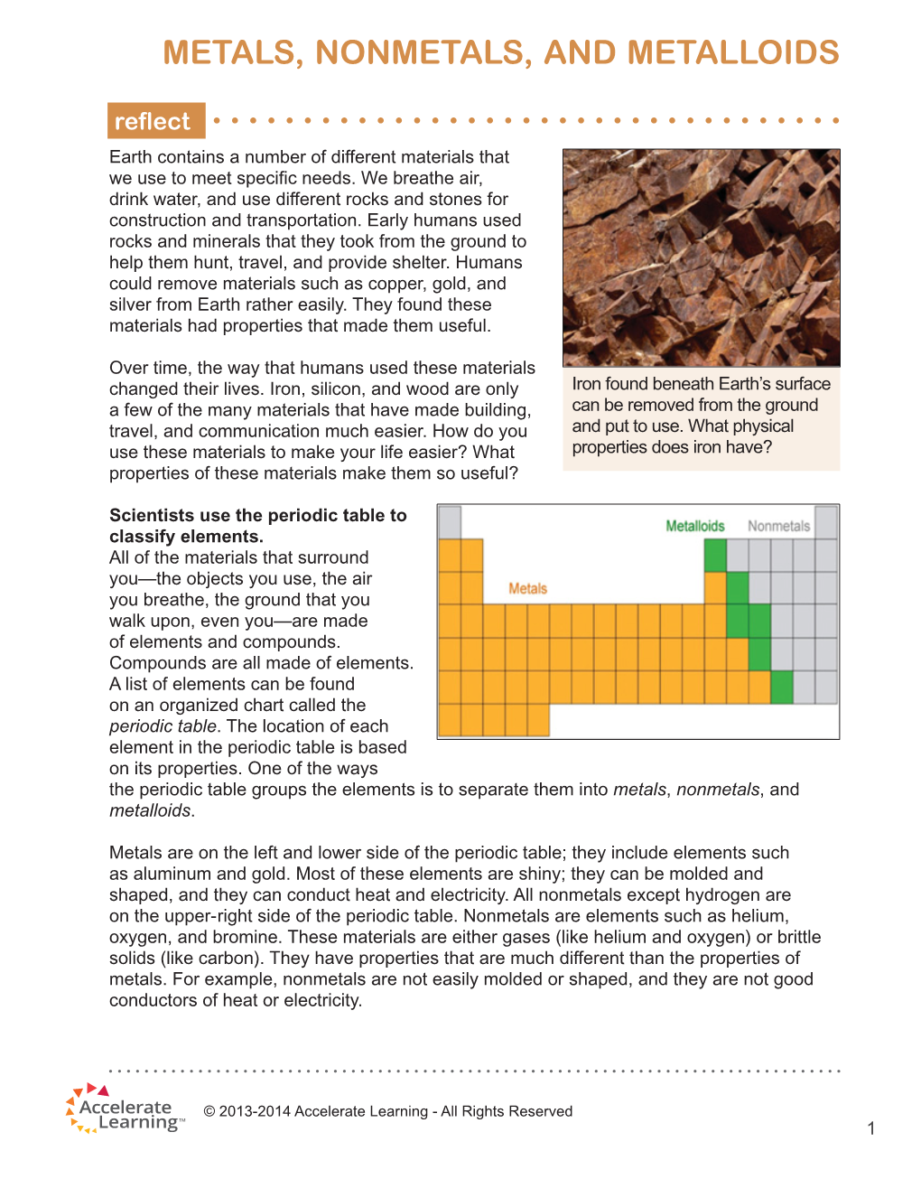METALS, NONMETALS, and METALLOIDS Reﬂ Ect Earth Contains a Number of Different Materials That We Use to Meet Speciﬁ C Needs