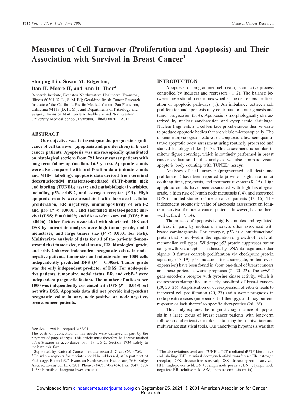 Measures of Cell Turnover (Proliferation and Apoptosis) and Their Association with Survival in Breast Cancer1