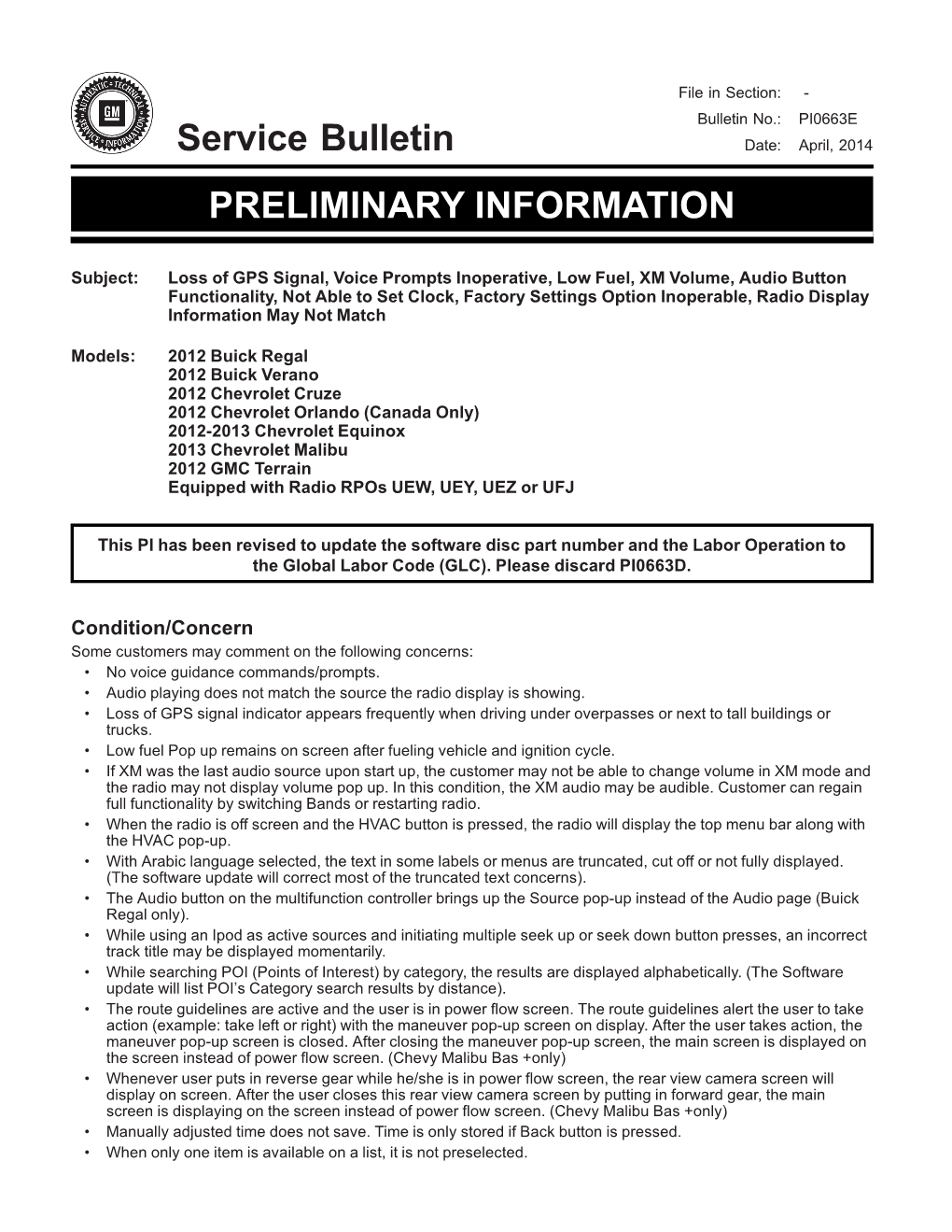 Service Bulletin PRELIMINARY INFORMATION