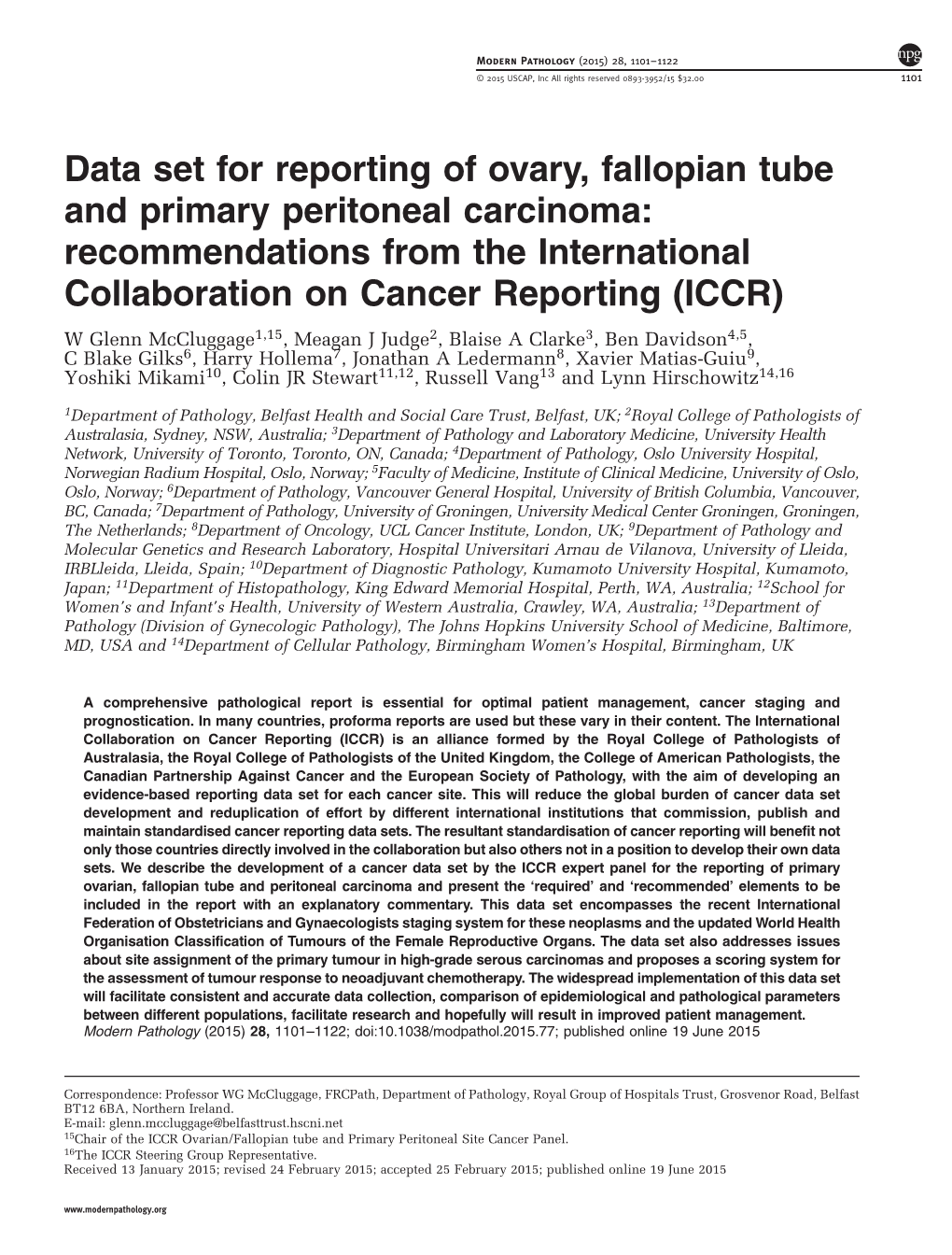 Data Set for Reporting of Ovary, Fallopian Tube and Primary