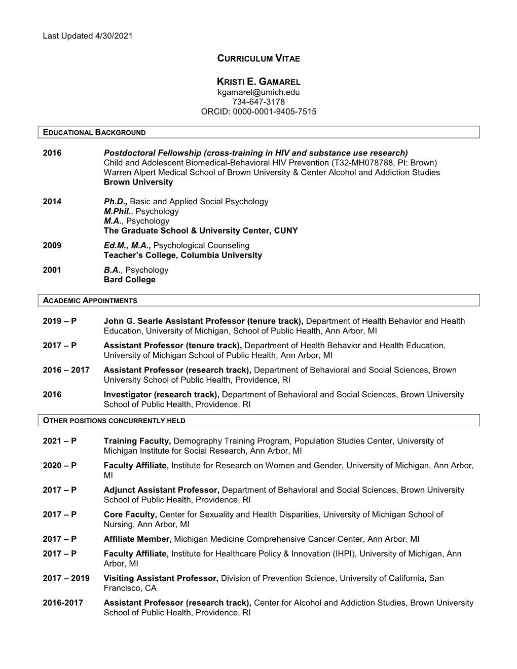 Curriculum Vitae Kristi E. Gamarel