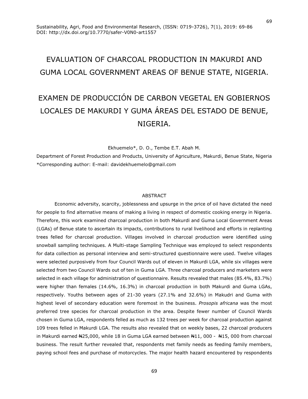 Evaluation of Charcoal Production in Makurdi and Guma Local Government Areas of Benue State, Nigeria