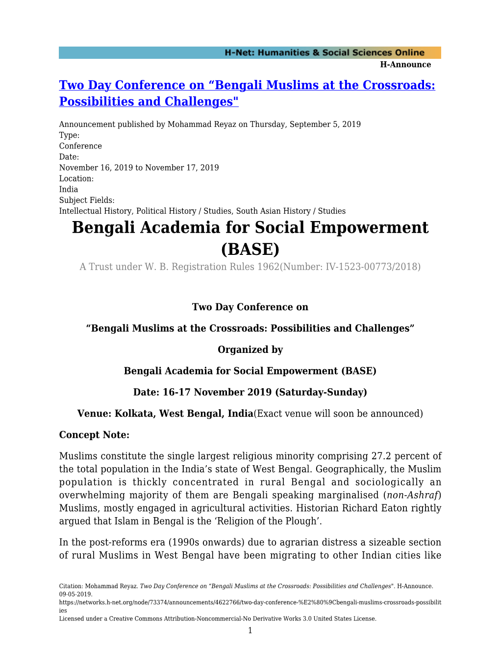 Bengali Academia for Social Empowerment (BASE) a Trust Under W