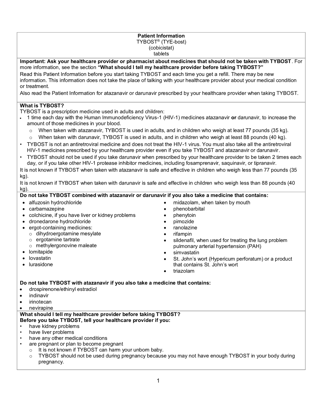 Patient Information TYBOST® (TYE-Bost) (Cobicistat) Tablets Important: Ask Your Healthcare Provider Or Pharmacist About Medicines That Should Not Be Taken with TYBOST