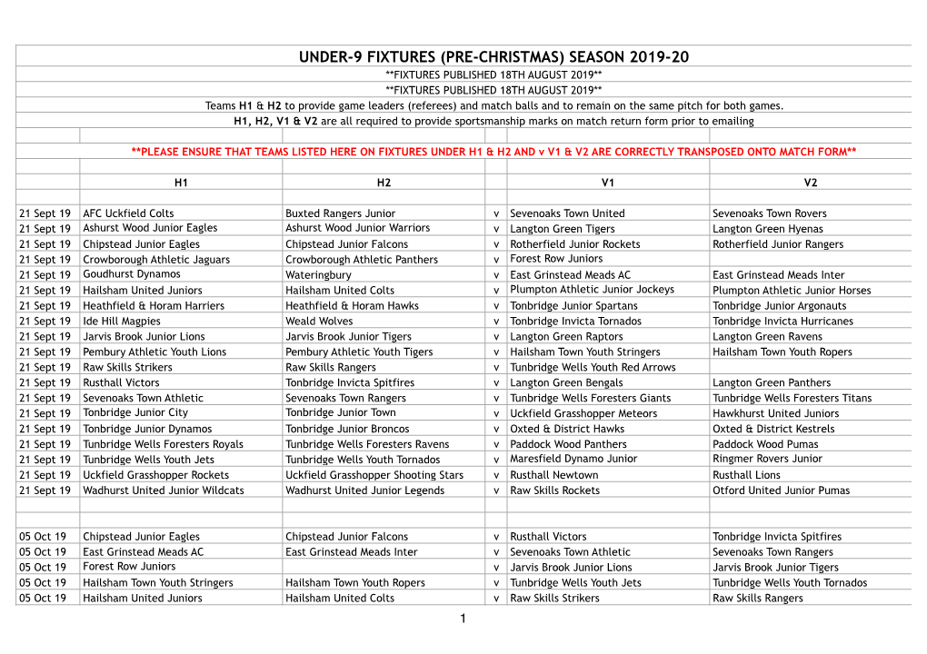 Under-9 Fixtures (Pre-Christmas) Season 2019