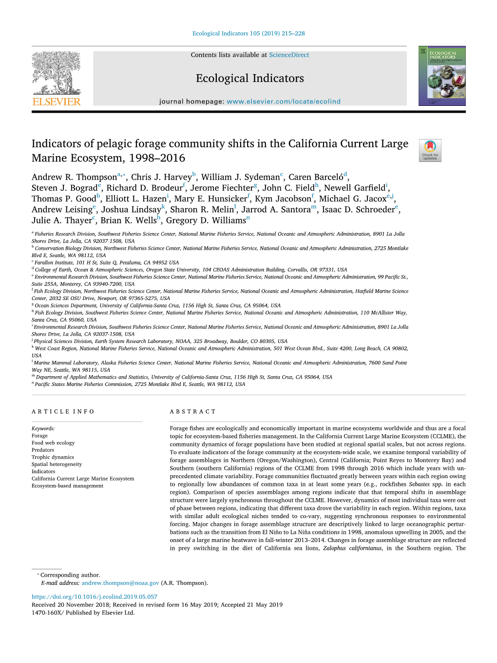 Indicators of Pelagic Forage Community Shifts in the California Current Large T Marine Ecosystem, 1998–2016 ⁎ Andrew R