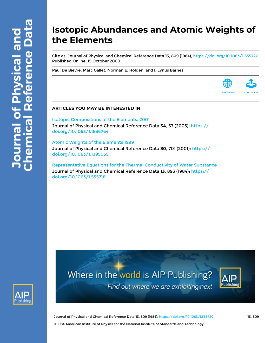 Isotopic Abundances and Atomic Weights of the Elements