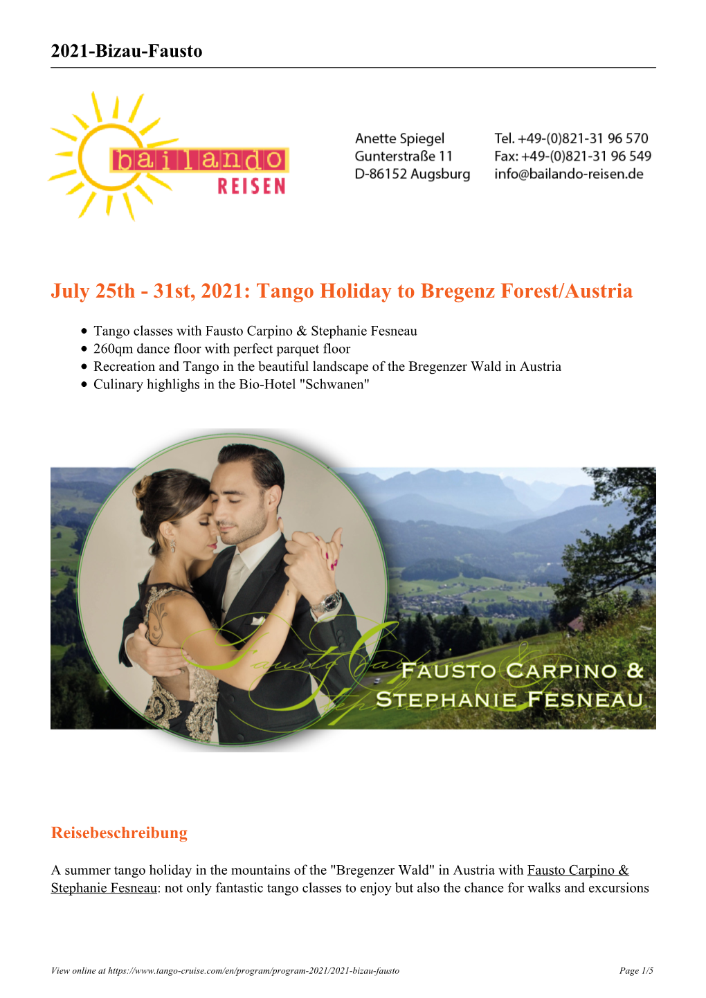 Tango Holiday to Bregenz Forest/Austria