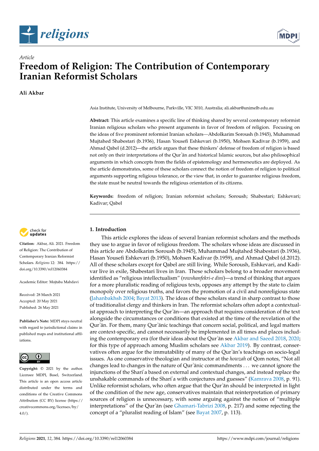 Freedom of Religion: the Contribution of Contemporary Iranian Reformist Scholars