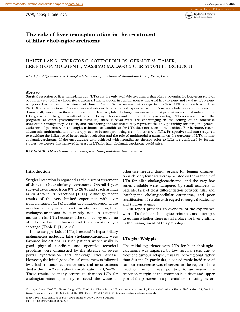 The Role of Liver Transplantation in the Treatment of Hilar Cholangiocarcinoma