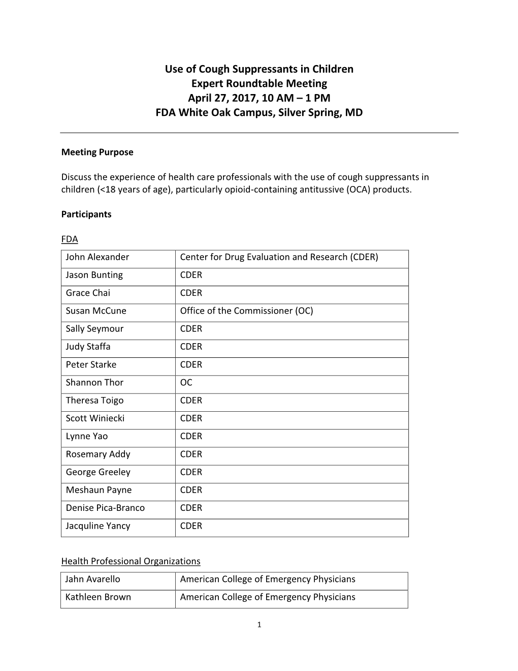 Expert Roundtable Meeting: Use of Cough Suppressants in Children