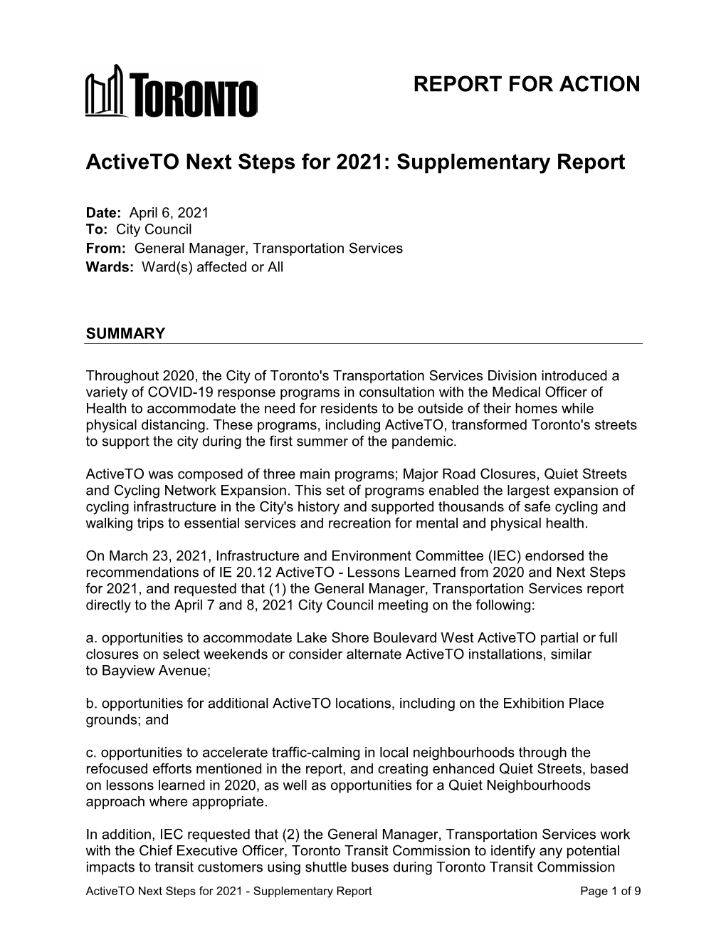 Activeto Next Steps for 2021: Supplementary Report