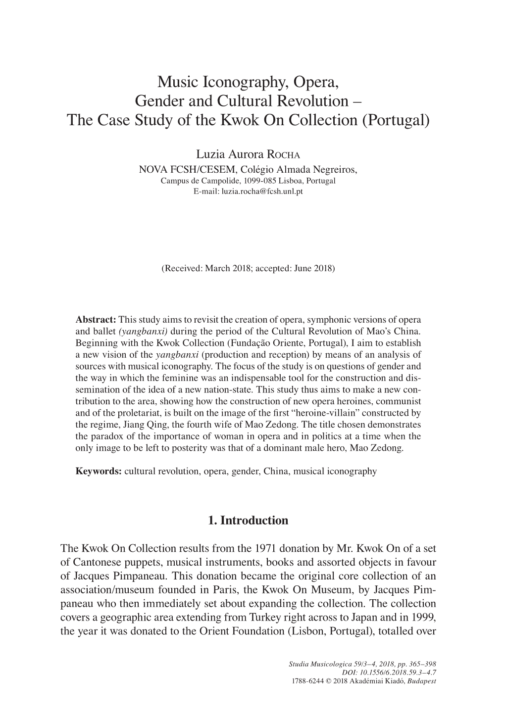 Music Iconography, Opera, Gender and Cultural Revolution – the Case Study of the Kwok on Collection (Portugal)