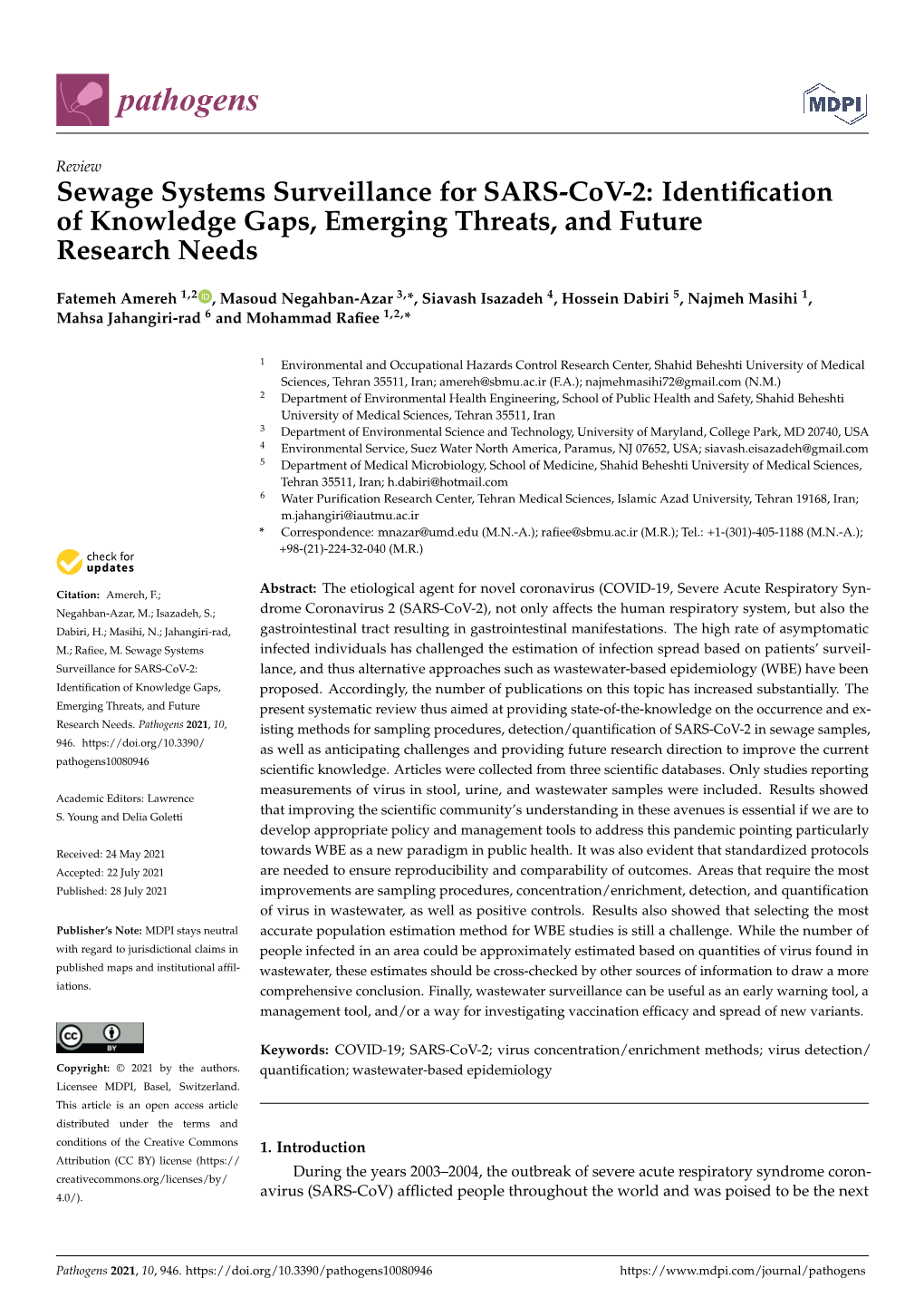 Sewage Systems Surveillance for SARS-Cov-2: Identiﬁcation of Knowledge Gaps, Emerging Threats, and Future Research Needs