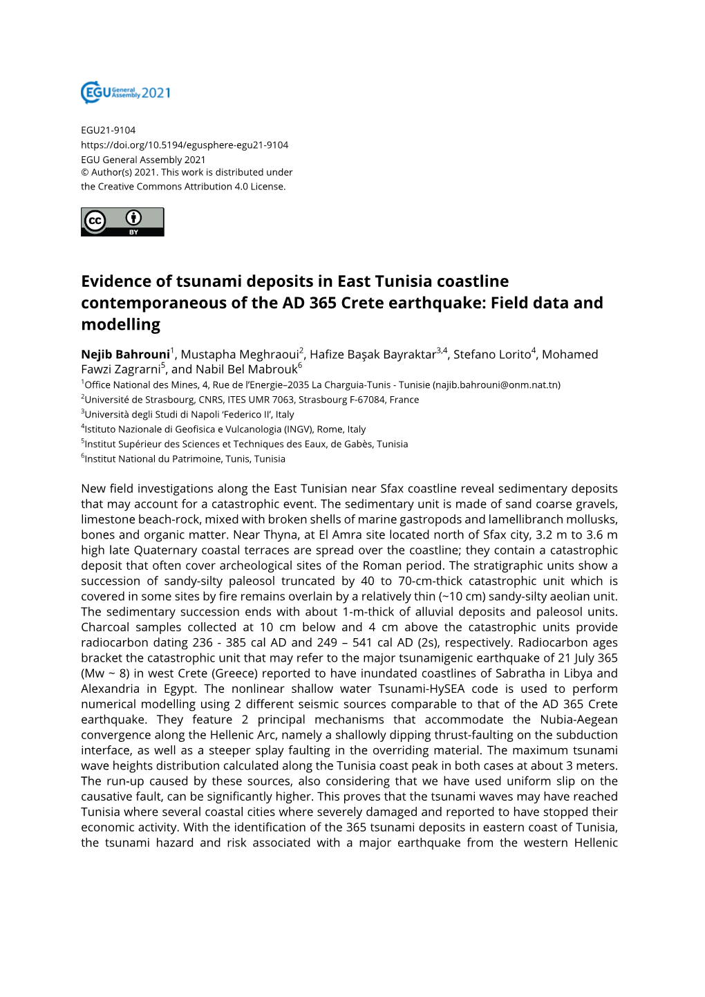 Evidence of Tsunami Deposits in East Tunisia Coastline Contemporaneous of the AD 365 Crete Earthquake: Field Data and Modelling