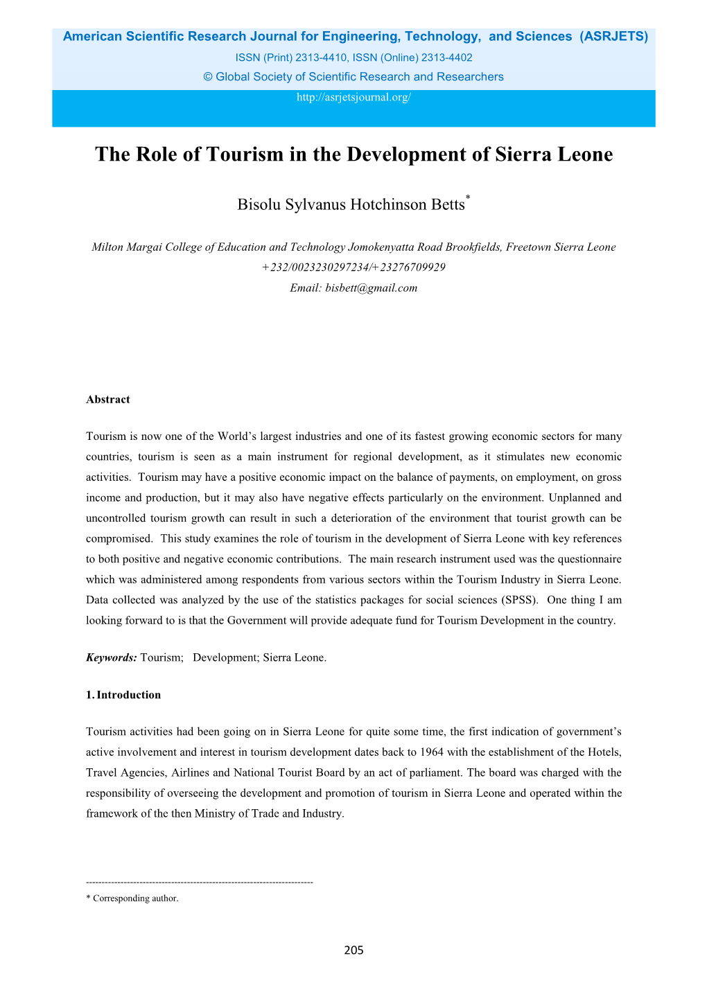 The Role of Tourism in the Development of Sierra Leone