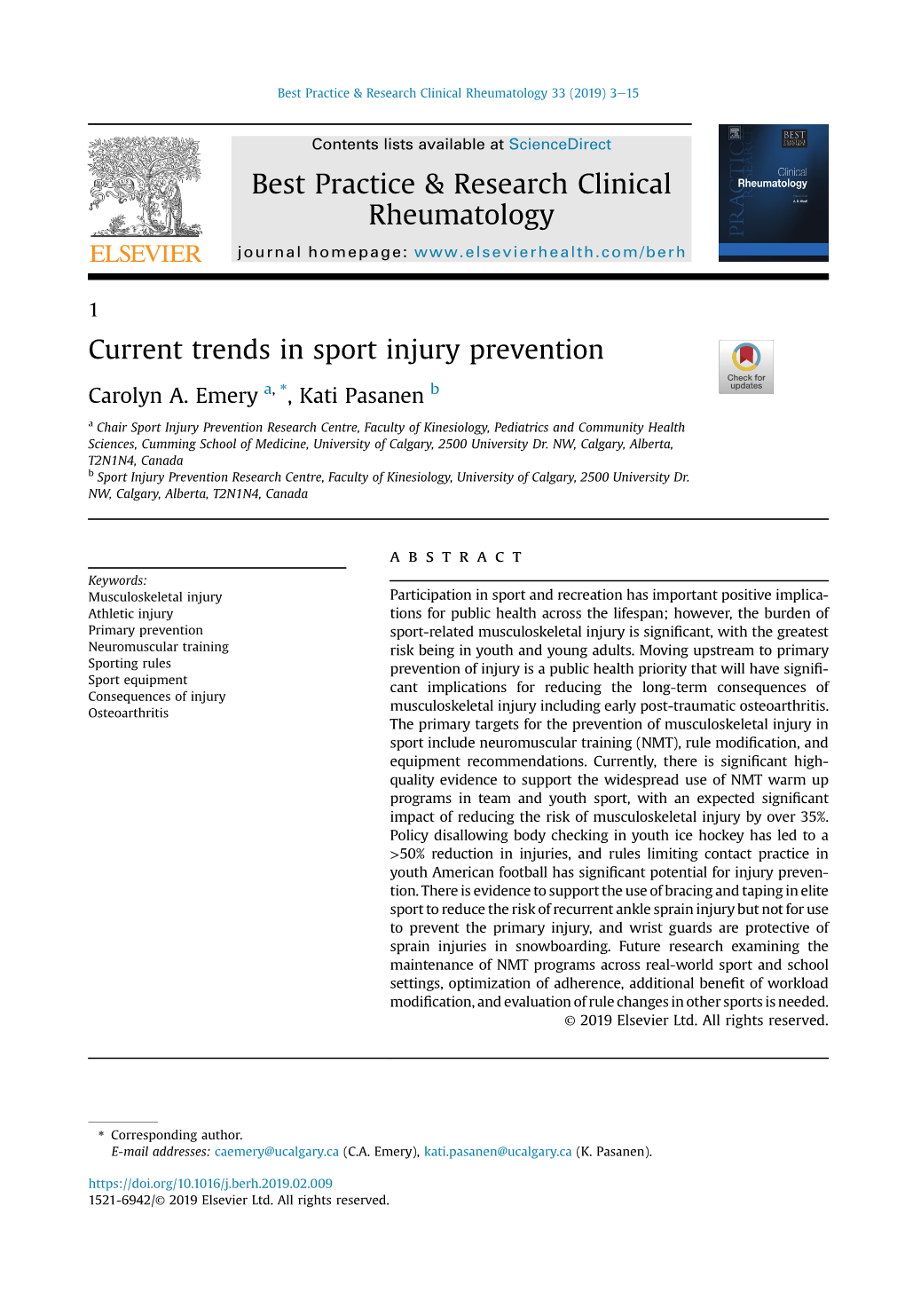 Current Trends in Sport Injury Prevention