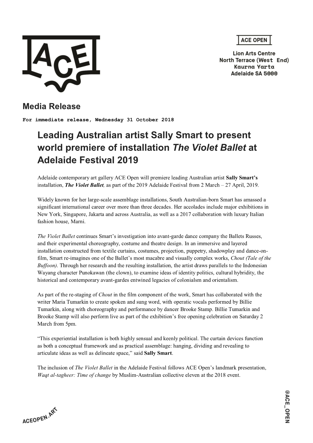 Leading Australian Artist Sally Smart to Present World Premiere of Installation the Violet Ballet at Adelaide Festival 2019