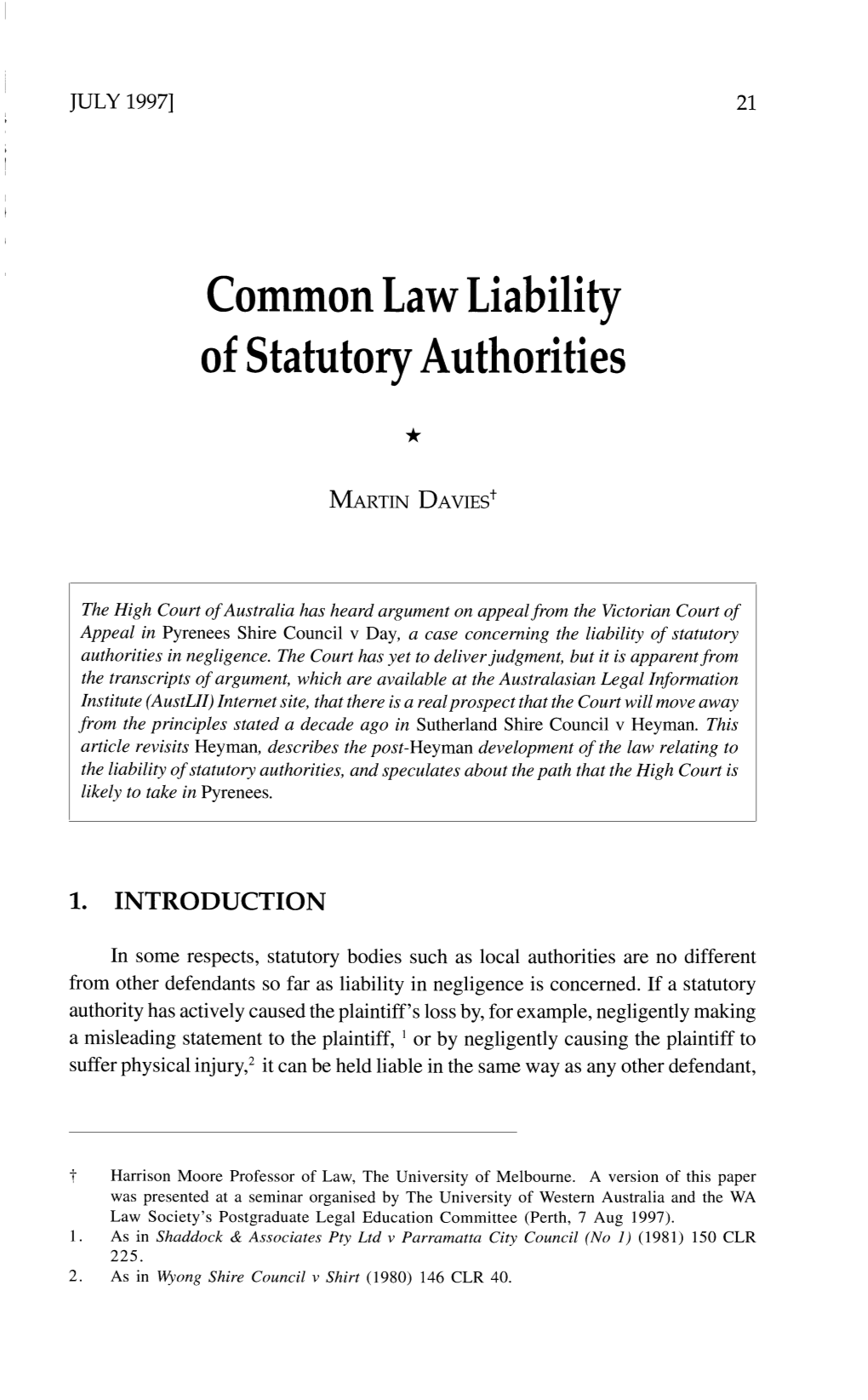 Common Law Liability of Statutory Authorities