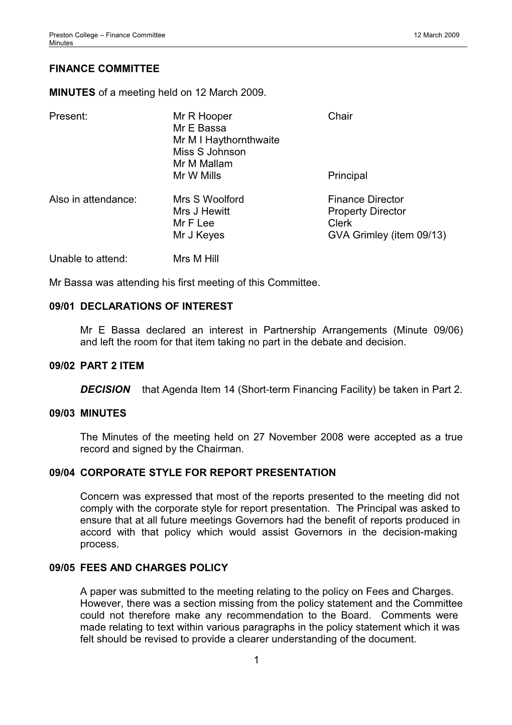 Preston College Finance Committee 12 March 2009