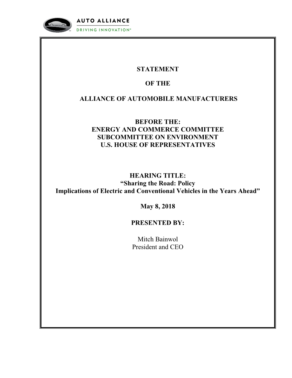 Statement of the Alliance of Automobile Manufacturers