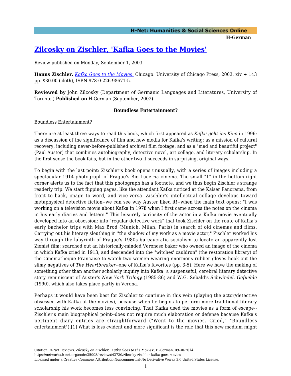 Zilcosky on Zischler, 'Kafka Goes to the Movies'