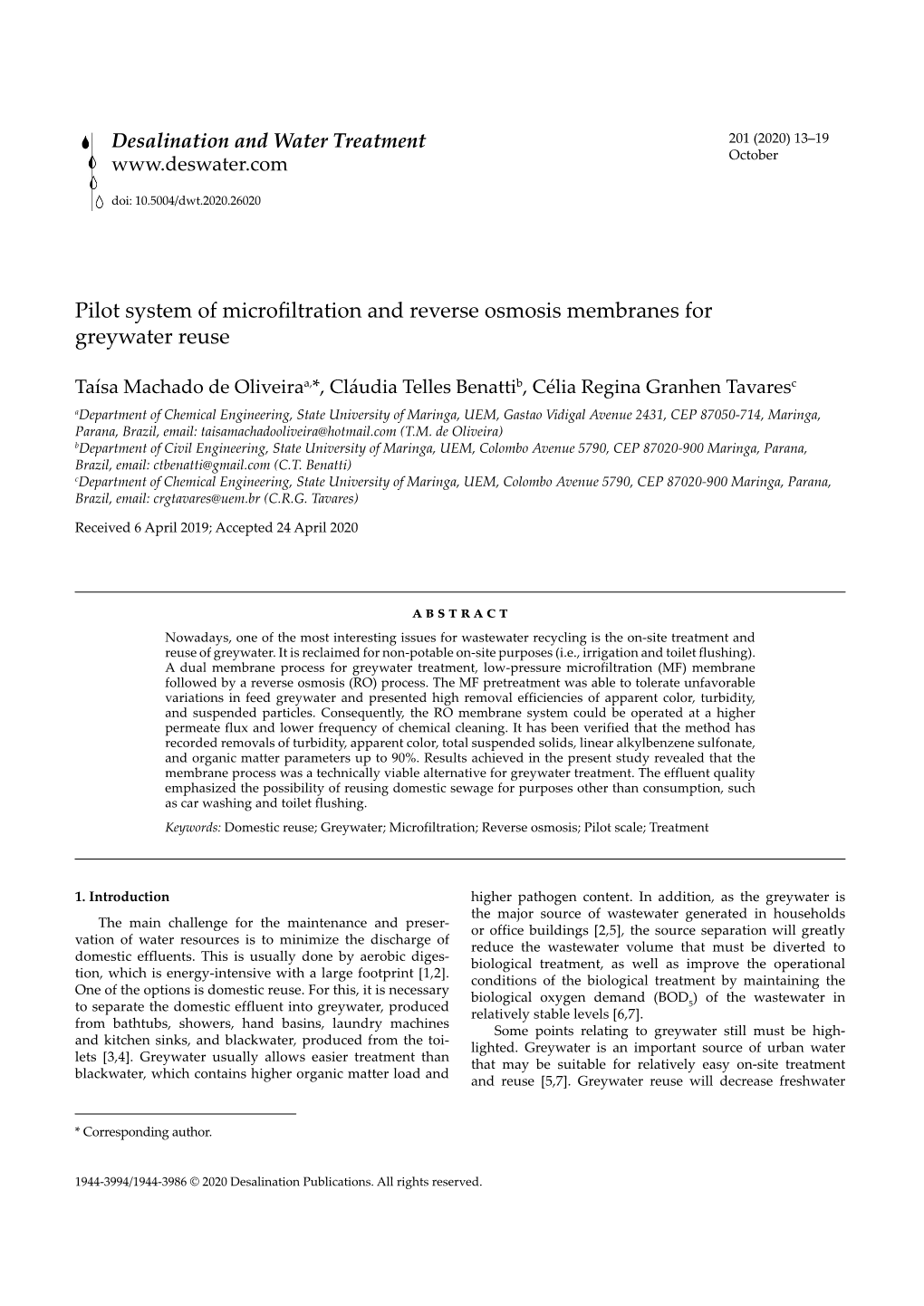 Pilot System of Microfiltration and Reverse Osmosis Membranes for Greywater Reuse