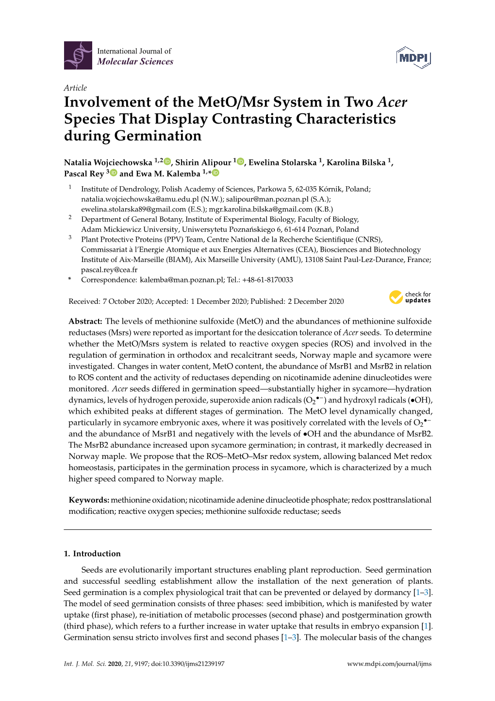 Involvement of the Meto/Msr System in Two Acer Species That Display Contrasting Characteristics During Germination