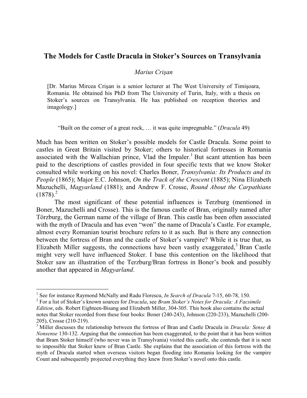 The Models for Castle Dracula in Stoker's Sources on Transylvania