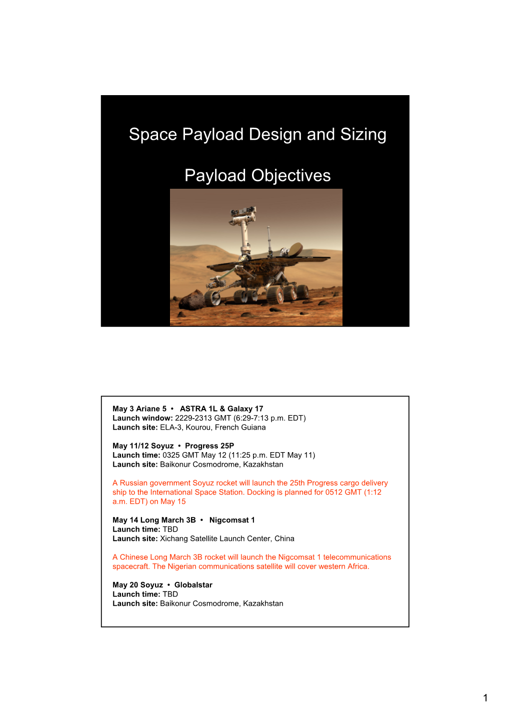 Space Payload Design and Sizing Payload Objectives