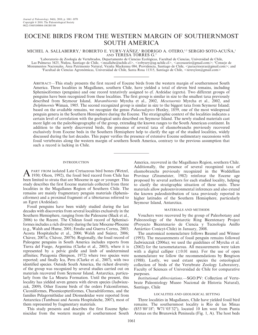 Eocene Birds from the Western Margin of Southernmost South America Michel A