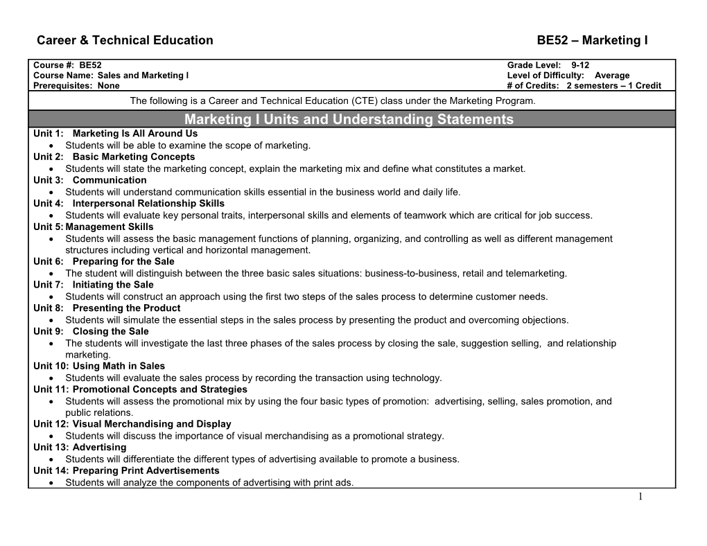 Career & Technical Education BE52 Marketing I