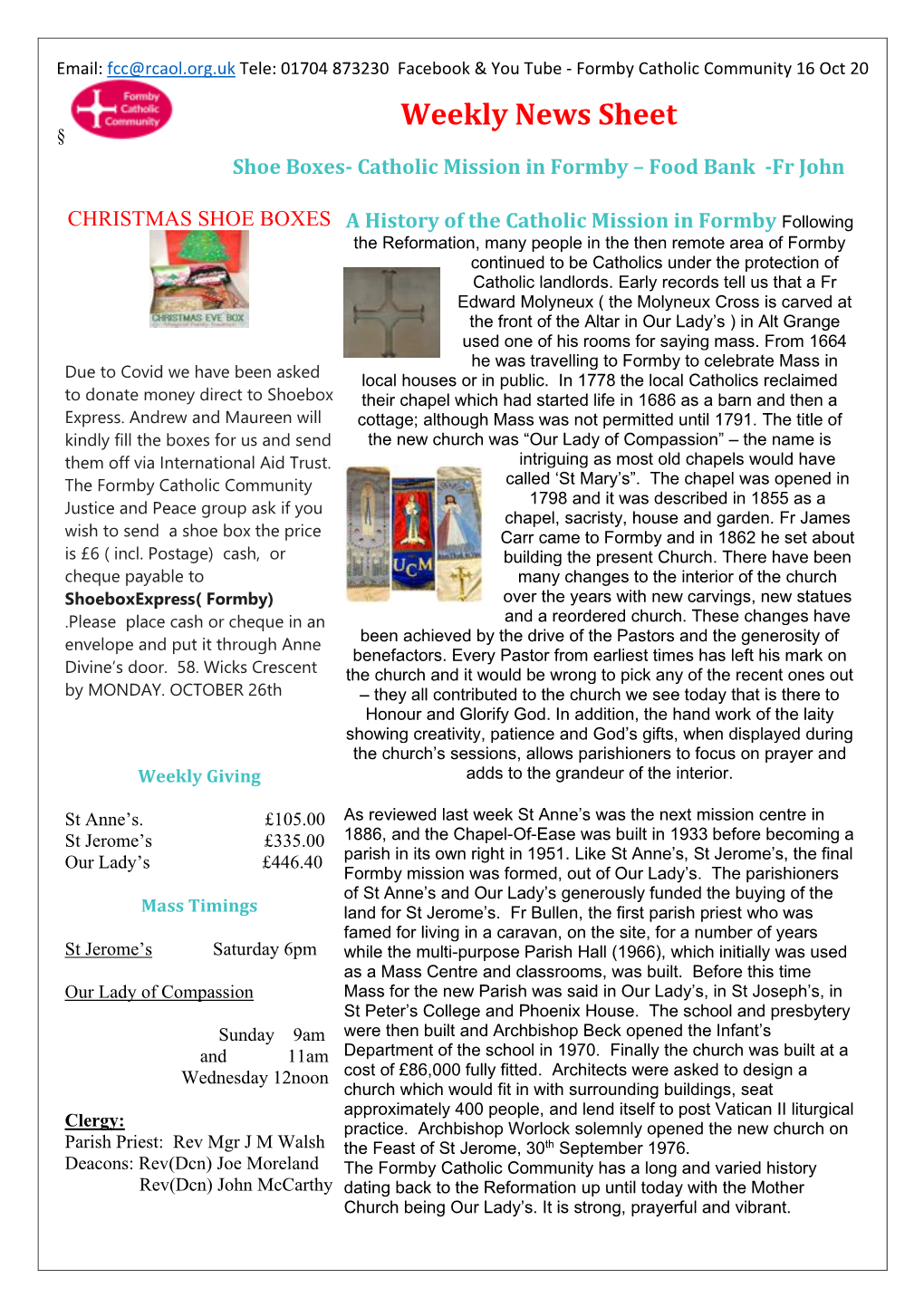 Weekly News Sheet § Shoe Boxes- Catholic Mission in Formby – Food Bank -Fr John