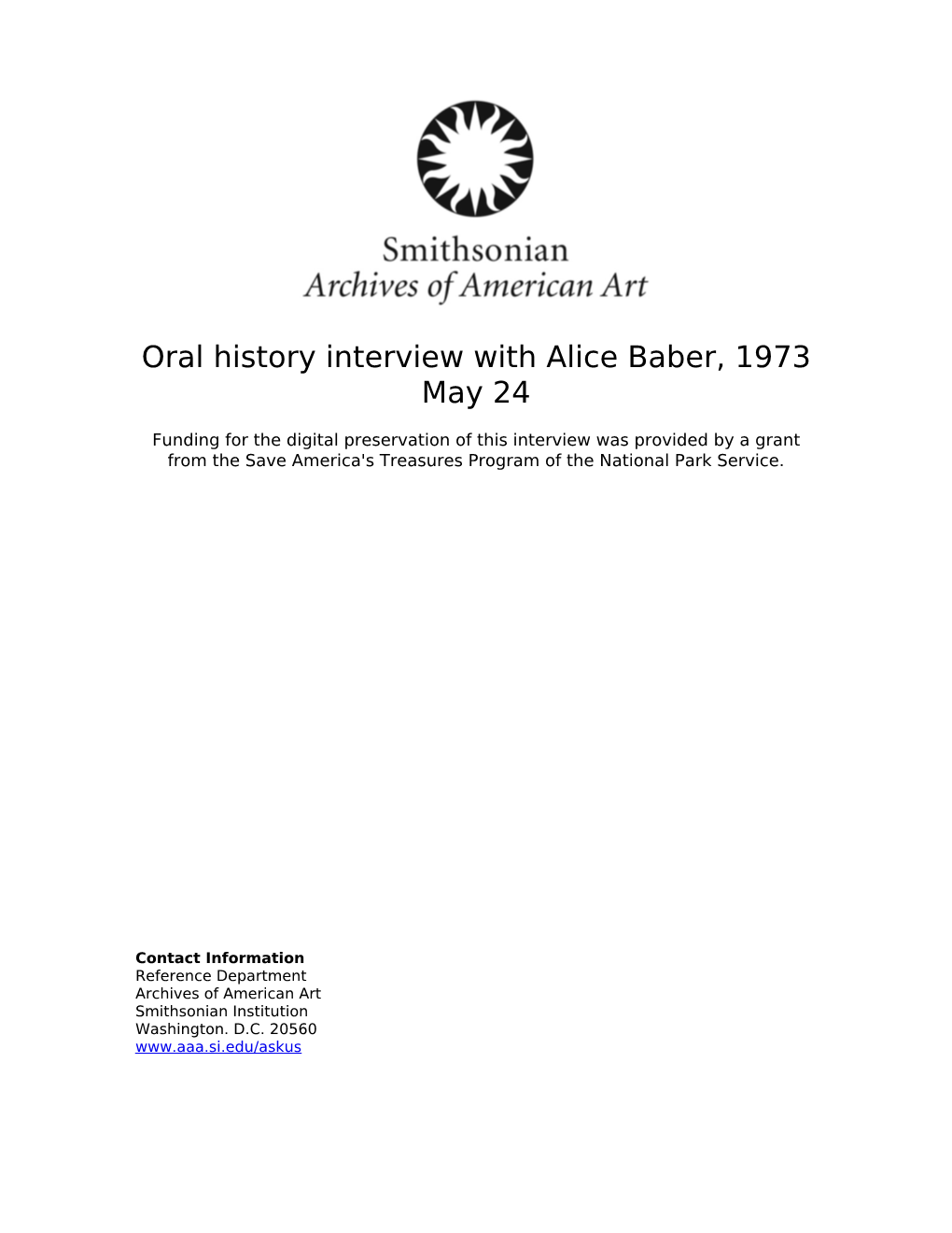 Oral History Interview with Alice Baber, 1973 May 24