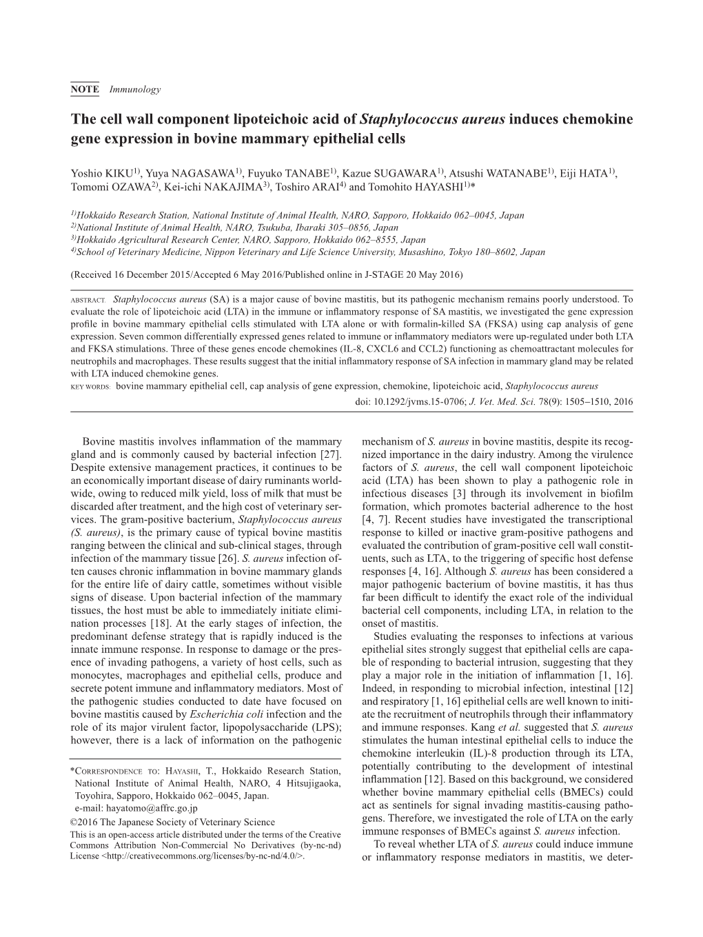 The Cell Wall Component Lipoteichoic Acid of Staphylococcus Aureus Induces Chemokine Gene Expression in Bovine Mammary Epithelial Cells