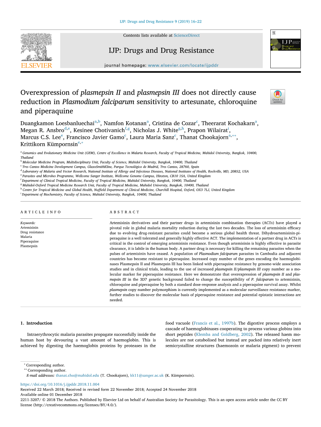 Overexpression of Plasmepsin II and Plasmepsin III Does Not Directly Cause Reduction in Plasmodium Falciparum Sensitivity to Artesunate, Chloroquine T and Piperaquine